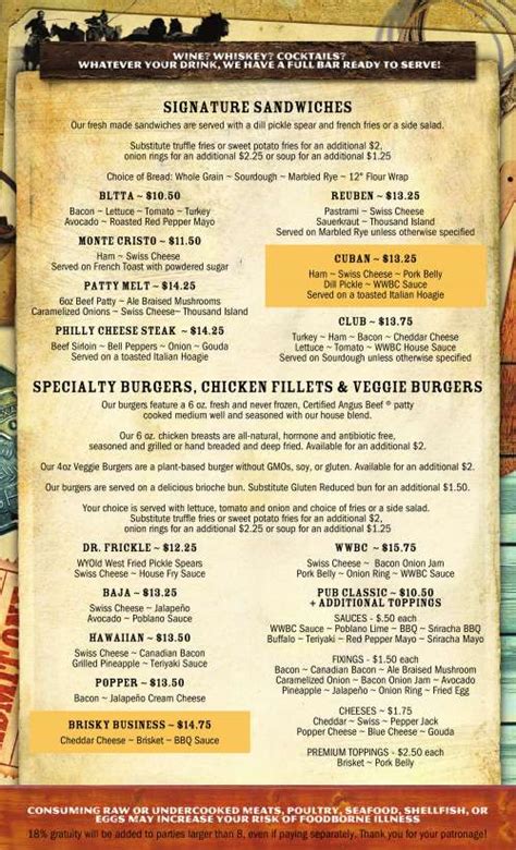 Online Menu of WYOld West Brewing Company, Powell, WY.